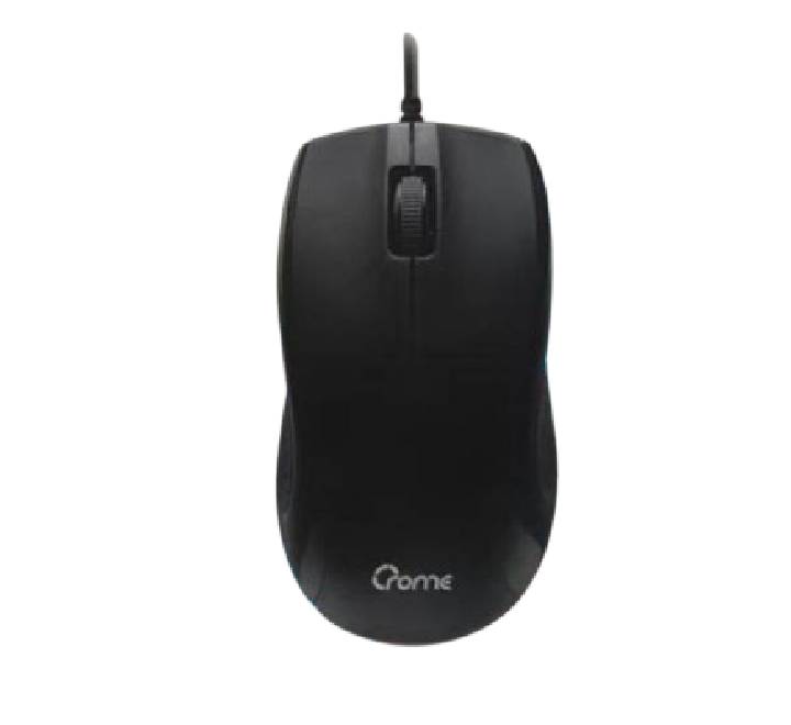 Crome CM375U wired optical mouse in black, clean top-down full body view.