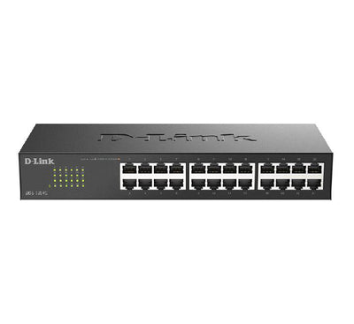 D-Link DGS-1024C 24-Port Gigabit Unmanaged Switch front view showing 24 RJ-45 ports with green LED activity indicators and durable matte black metal housing.
