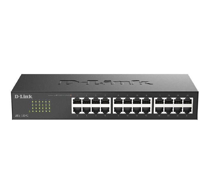 D-Link DGS-1024C 24-Port Gigabit Unmanaged Switch front view showing 24 RJ-45 ports with green LED activity indicators and durable matte black metal housing.