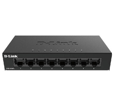 D-Link DGS-108GL 8-Port Gigabit unmanaged desktop switch front view highlighting the 8 LAN ports and compact black metal casing layout.