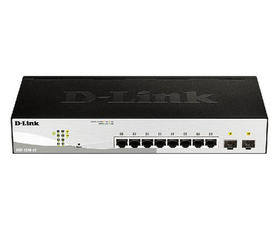 D-Link DGS-1210-10 10-port gigabit smart managed switch in standard enterprise metallic gray front view showing 8 RJ45 ports and 2 SFP ports