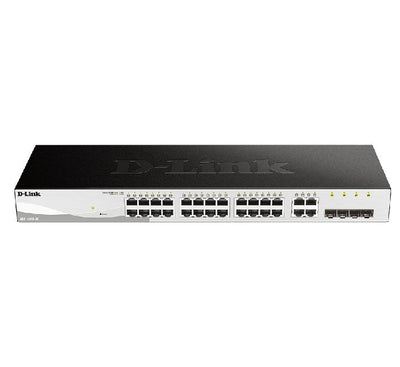 D-Link DGS-1210-28 28-port Gigabit smart managed switch in an industrial matte dark gray metal rackmount chassis highlighting green LED port activity indicators.