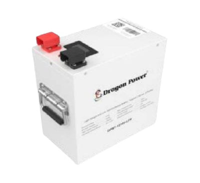 Dragon Power DPBT-12100 LFP 12.8V 100Ah Lithium Iron Phosphate LiFePO4 battery showing the front casing and heavy-duty M8 terminal nodes.