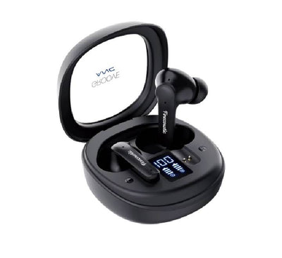 Fantech Groove ANC FT20 true wireless earbuds in classic matte black variant displaying illuminated smart digital display charging case.
