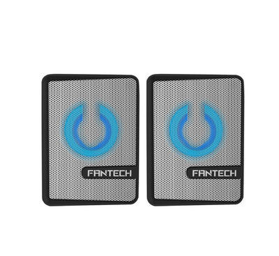 Fantech Beat GS203 gaming speaker space white variant showcasing futuristic metallic mesh and colorful LED illumination