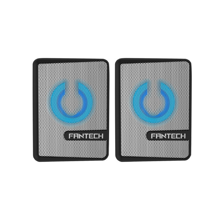Fantech Beat GS203 gaming speaker space white variant showcasing futuristic metallic mesh and colorful LED illumination