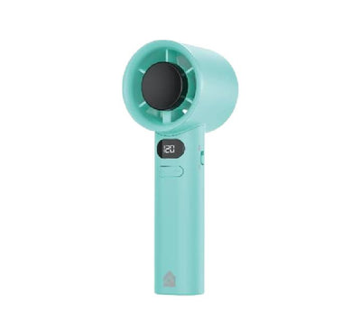PAC2 portable handheld turbo fan in fresh pastel mint color featuring active LCD screen indicator.