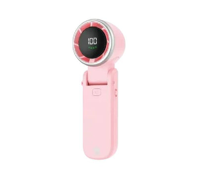 Fantech PAC3 flagship portable handheld cooler fan in soft blossom pink showing the illuminated LCD speed display dashboard.