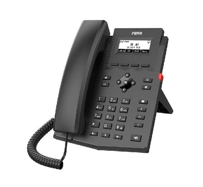 Rear view of Fanvil X301P IP phone showing dual 10/100 Mbps Ethernet ports and PoE setup for office networking.