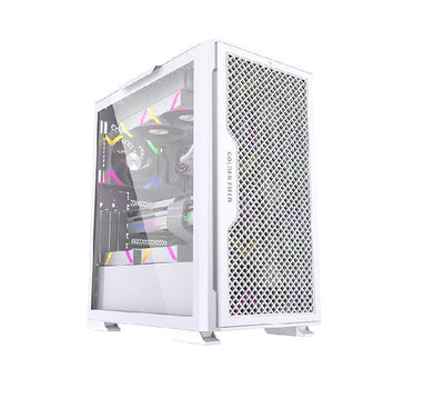 Golden Field KT02 White gaming desktop casing showing off its front high-airflow mesh panel and crisp snow-white finish.