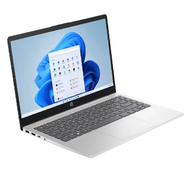Slim side profile of the HP Laptop 14-ep1186TU highlighting the lightweight chassis and USB Type-C connectivity ports.