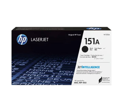 HP 151A Black LaserJet Toner Cartridge box packaging showing genuine part code W1510A with high yield capacity status.