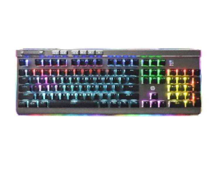 HP GK520S mechanical gaming keyboard full front view highlighting the brushed aluminum top plate and glowing backlighting effects.
