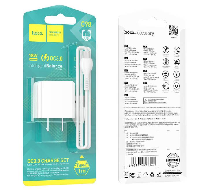 Hoco C98 Proton Single Port QC3.0 Charger Set (Type-c) US White