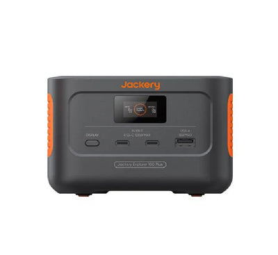Front view of the Jackery Explorer 100 Plus portable power station showing the digital display and USB charging ports.