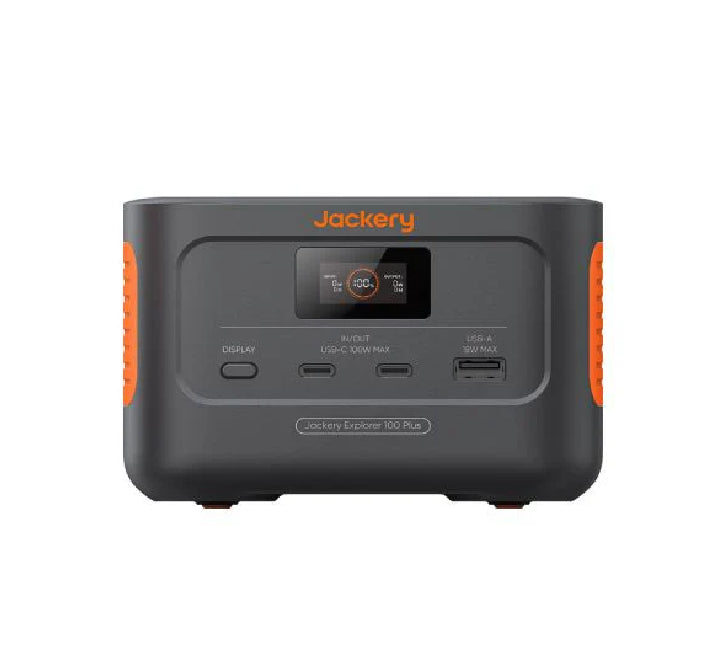 Front view of the Jackery Explorer 100 Plus portable power station showing the digital display and USB charging ports.