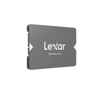 Close-up view of the golden pins and SATA III 6Gbps connection interface ports on the bottom edge of a Lexar NS100 SSD.