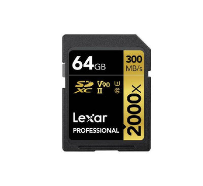 Lexar Professional 2000x 64GB SDXC UHS-II Gold Series memory card showing speed ratings and V90 logo