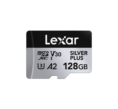 Lexar Professional Silver Plus 128GB microSDXC UHS-I memory card alongside its full size SD adapter accessory