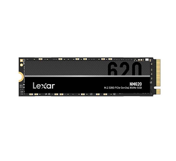 Lexar NM620 1TB M.2 2280 NVMe PCIe Gen3x4 internal solid state drive showing the black printed circuit board and performance label.