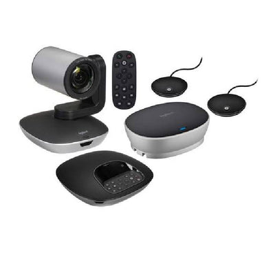 Logitech Group CC3500E complete hardware system bundle including PTZ camera, central speakerphone console, hub, and remote control.