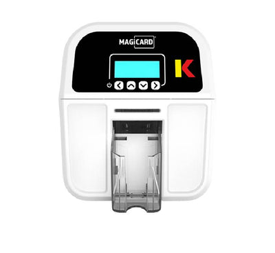 Side view showing automatic card flipping mechanism and input hopper of Magicard double-sided ID card printer