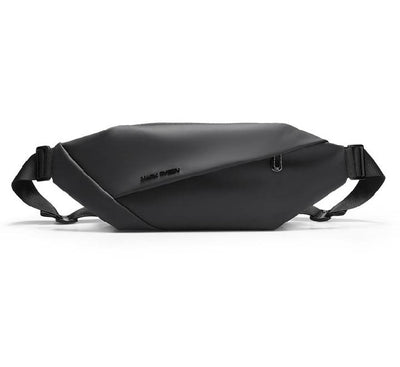 Mark Ryden MR512 tri-compartment waterproof sling bag in elite black, front view showcasing the premium water-resistant Oxford fabric and sleek minimalist urban design.