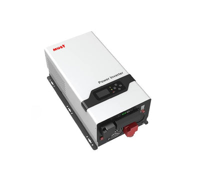 Detail view of Must EP30-6048 Plus Inverter back panel showing BMS CAN port and heavy-duty AC terminals.