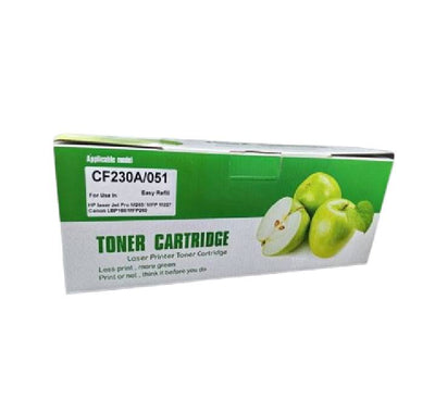 Green Apple CF230A and Canon 051 universal compatible laser toner cartridge box and unit, imported from China.