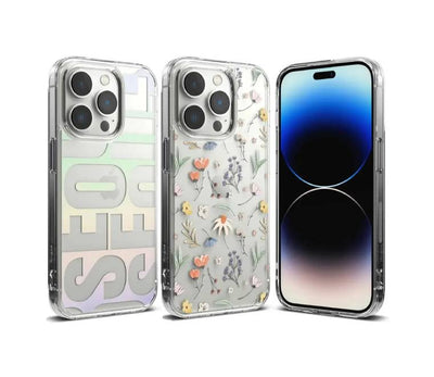 Ringke Fusion Design case for iPhone 14 Pro in Dry Flowers floral pattern showing clear transparent hybrid phone protection, available in Myanmar.