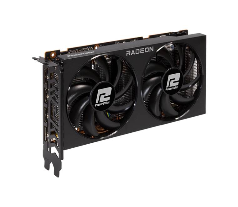 PowerColor Fighter AMD Radeon RX 6600 8GB GDDR6 graphics card front view showing the dual 90mm cooling fan layout.