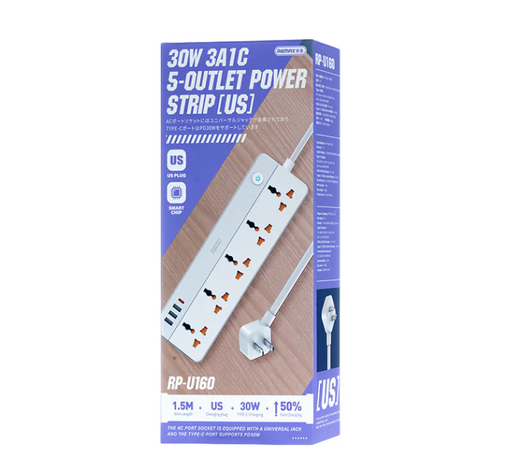 REMAX RP-U160 Kiddy Series 5-Outlet Power Socket(30W 3A1C) - White ...