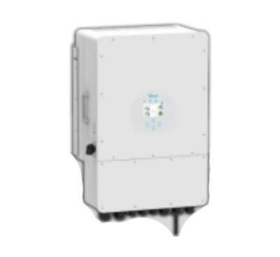 Deye SUN-12K-SG04LP3-EU 12kW three-phase hybrid solar inverter front view featuring the color LCD touchscreen interface.