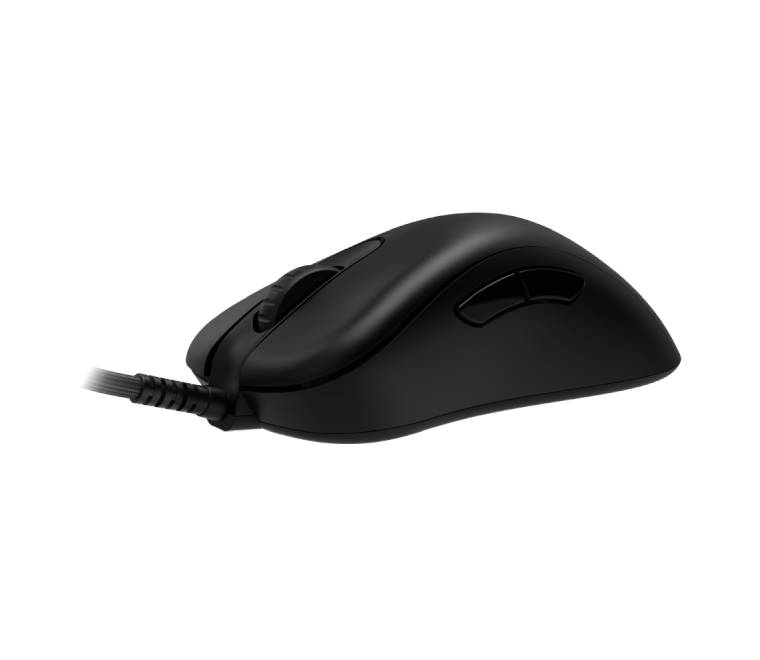 Side profile of BenQ Zowie EC2-C gaming mouse highlighting the flexible paracord cable, 3360 sensor base, and ergonomic curves for FPS gaming.