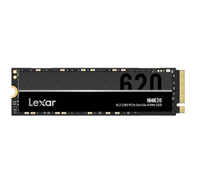 Lexar NM620 2TB M.2 2280 NVMe PCIe SSD showing the flash memory chips and top specification sticker labels.