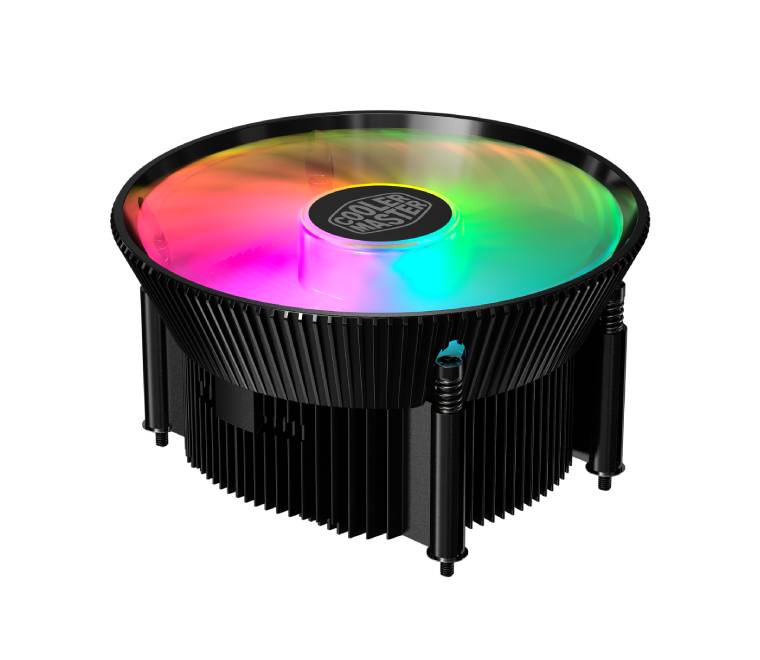 Bottom view of Cooler Master A71C cooler showcasing the direct contact copper core base insert surrounded by black anodized aluminum fins.
