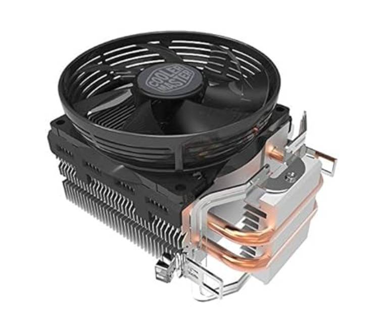 Underneath view of the Cooler Master Hyper T20 heatsink showing the 2 copper Direct Contact heat pipes engineered for fast thermal transfer.