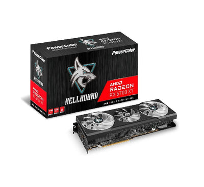 PowerColor Hellhound AMD Radeon RX 6700 XT 12GB graphics card showcasing its triple translucent fans illuminated in ice blue lighting