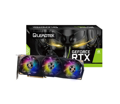 Leadtek RTX 3080 Ti Hurricane 12G gaming graphics card featuring illuminated cyan blue RGB lighting accents.