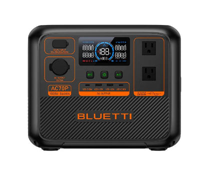 BLUETTI AC70P 1000W Portable Power Station in Stealth Black finish, showcasing the 864Wh capacity and front LED display for Myanmar home backup.