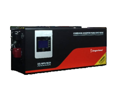 Dragon Power DG-MPS-6048 6kVA 48V combined pure sine wave hybrid inverter front view showing robust wall-mount casing and digital screen.