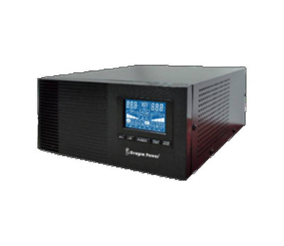 Dragon Power DG-1200VA LCD 24V pure sine wave inverter front view showing compact metal chassis and bright digital screen.