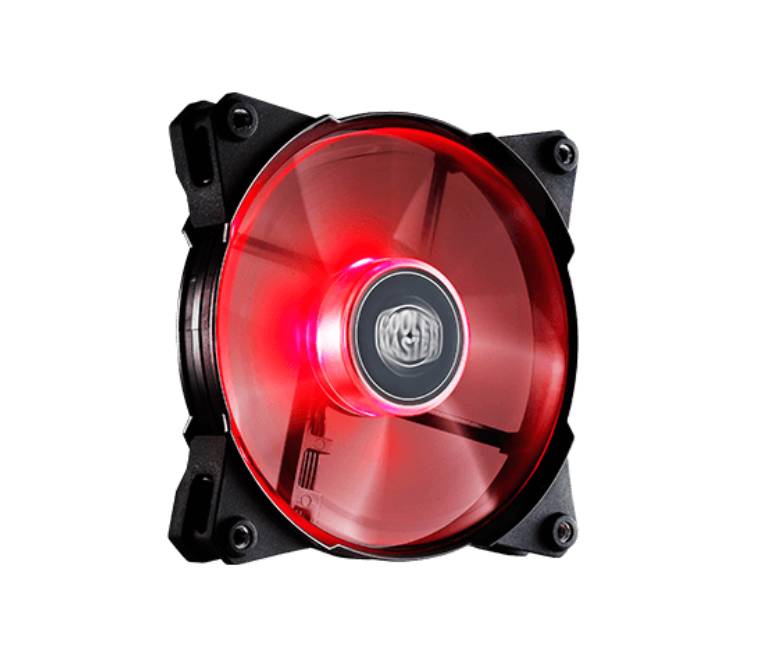 Cooler Master JetFlo 120 performance cooling fan running with vibrant red LED lighting for custom desktop computer builds in Myanmar.