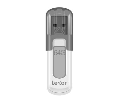 Lexar JumpDrive V100 64GB USB 3.0 flash drive showing the gray and white body construction with the protective cap attached.