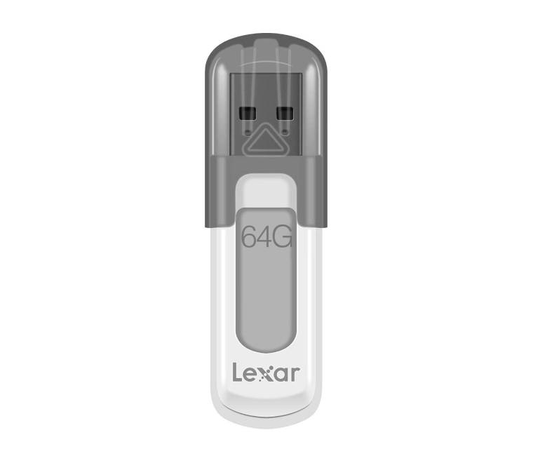 Lexar JumpDrive V100 64GB USB 3.0 flash drive showing the gray and white body construction with the protective cap attached.