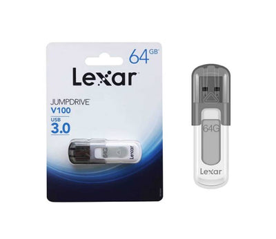 Lexar JumpDrive V100 64GB thumb drive with cap removed showing the blue USB 3.0 Type-A connector pin layout.