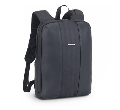 Rivacase 8125 Narita 14 inch laptop backpack in black herringbone fabric with faux leather inserts.