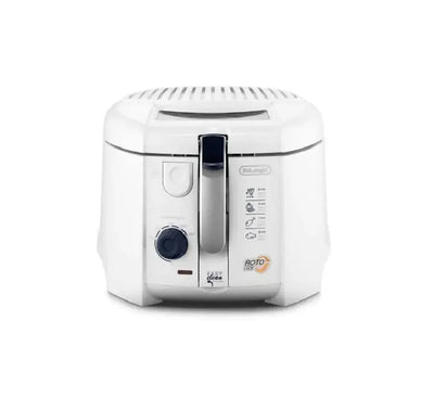 De'Longhi RotoFry F28311.W1 white deep fryer featuring its premium outer casing, lid viewing window, and front oil draining access panel.