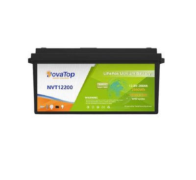 NovaTop NVT12200 12.8V 200Ah 2.56KWh LiFePO4 lithium battery pack enclosed in a rugged black protective plastic case for portable power in Myanmar.