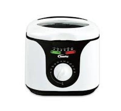 PowerPac PPDF872 2.0L mini deep fryer in brushed stainless steel and black trim, showing the adjustable temperature control panel and heat indicators.